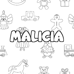 Coloriage prénom MALICIA - décor Jouets