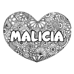 Coloriage prénom MALICIA - décor Mandala coeur