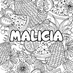 Coloriage prénom MALICIA - décor Mandala fruits