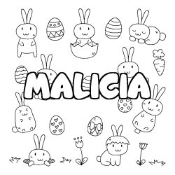 Coloriage pr&eacute;nom MALICIA - d&eacute;cor Paques