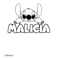 Coloriage pr&eacute;nom MALICIA - d&eacute;cor Stitch