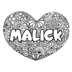 Coloriage pr&eacute;nom MALICK - d&eacute;cor Mandala coeur