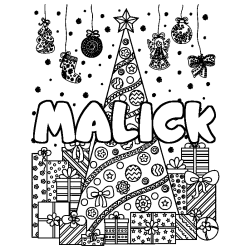 Coloriage prénom MALICK - décor Sapin et Cadeaux