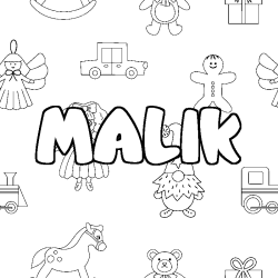 Coloriage pr&eacute;nom MALIK - d&eacute;cor Jouets