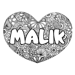 Coloriage prénom MALIK - décor Mandala coeur
