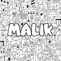 Coloriage pr&eacute;nom MALIK - d&eacute;cor Ville