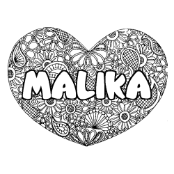 Coloriage pr&eacute;nom MALIKA - d&eacute;cor Mandala coeur