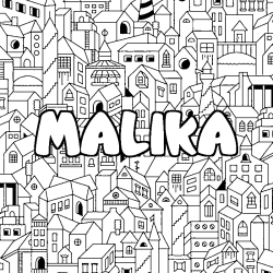 Coloriage pr&eacute;nom MALIKA - d&eacute;cor Ville