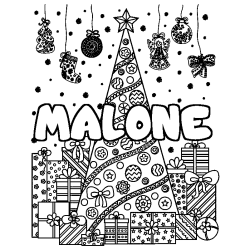 Coloriage prénom MALONE - décor Sapin et Cadeaux