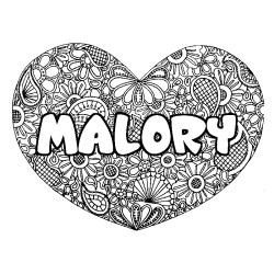 Coloriage pr&eacute;nom MALORY - d&eacute;cor Mandala coeur