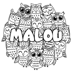 Coloriage prénom MALOU - décor Chouettes