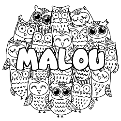 Coloriage pr&eacute;nom MALOU - d&eacute;cor Chouettes