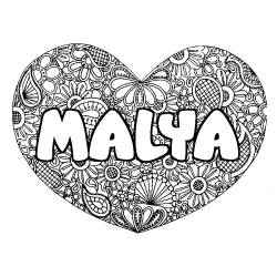 Coloriage pr&eacute;nom MALYA - d&eacute;cor Mandala coeur