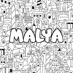 Coloriage pr&eacute;nom MALYA - d&eacute;cor Ville