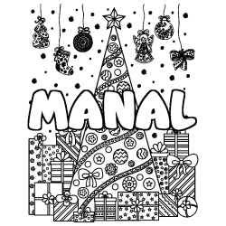 Coloriage pr&eacute;nom MANAL - d&eacute;cor Sapin et Cadeaux