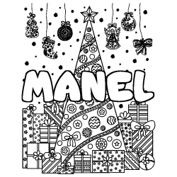Coloriage pr&eacute;nom MANEL - d&eacute;cor Sapin et Cadeaux