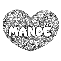 Coloriage prénom MANOÉ - décor Mandala coeur