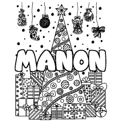 Coloriage prénom MANON - décor Sapin et Cadeaux