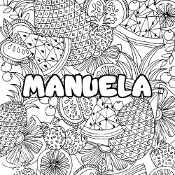 Coloriage pr&eacute;nom MANUELA - d&eacute;cor Mandala fruits