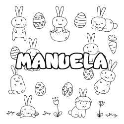 Coloriage pr&eacute;nom MANUELA - d&eacute;cor Paques