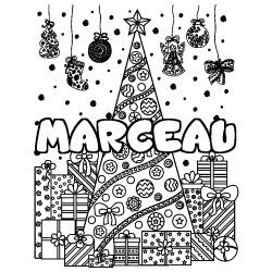 Coloriage prénom MARCEAU - décor Sapin et Cadeaux