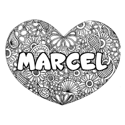 Coloriage prénom MARCEL - décor Mandala coeur