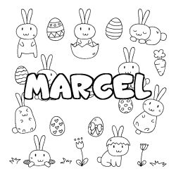 Coloriage pr&eacute;nom MARCEL - d&eacute;cor Paques