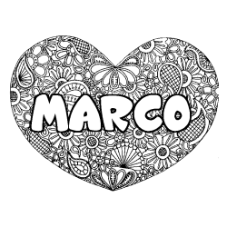 Coloriage pr&eacute;nom MARCO - d&eacute;cor Mandala coeur
