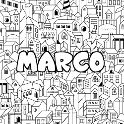 Coloriage pr&eacute;nom MARCO - d&eacute;cor Ville