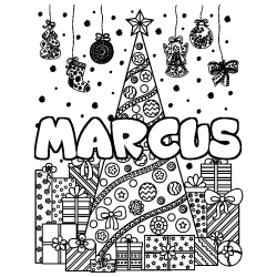 Coloriage pr&eacute;nom MARCUS - d&eacute;cor Sapin et Cadeaux
