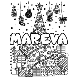 Coloriage pr&eacute;nom MAREVA - d&eacute;cor Sapin et Cadeaux