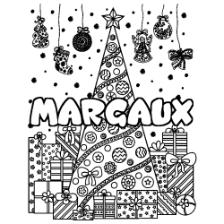 Coloriage prénom MARGAUX - décor Sapin et Cadeaux