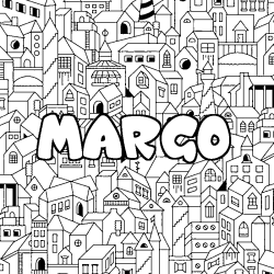 Coloriage pr&eacute;nom MARGO - d&eacute;cor Ville