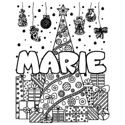 Coloriage prénom MARIE - décor Sapin et Cadeaux