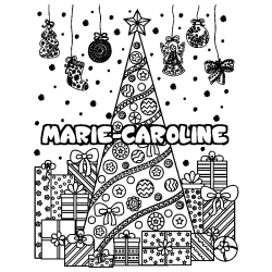 Coloriage prénom MARIE-CAROLINE - décor Sapin et Cadeaux