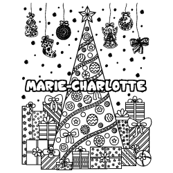 Coloriage pr&eacute;nom MARIE-CHARLOTTE - d&eacute;cor Sapin et Cadeaux