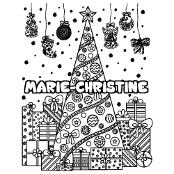 Coloriage prénom MARIE-CHRISTINE - décor Sapin et Cadeaux