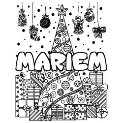 Coloriage prénom MARIEM - décor Sapin et Cadeaux