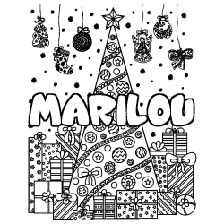 Coloriage pr&eacute;nom MARILOU - d&eacute;cor Sapin et Cadeaux