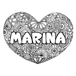 Coloriage pr&eacute;nom MARINA - d&eacute;cor Mandala coeur