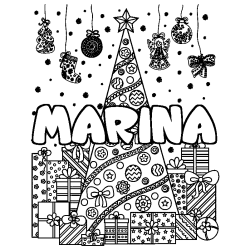 Coloriage pr&eacute;nom MARINA - d&eacute;cor Sapin et Cadeaux