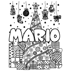 Coloriage pr&eacute;nom MARIO - d&eacute;cor Sapin et Cadeaux