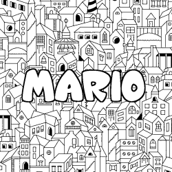 Coloriage pr&eacute;nom MARIO - d&eacute;cor Ville