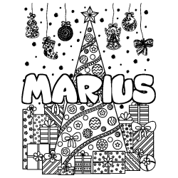 Coloriage prénom MARIUS - décor Sapin et Cadeaux