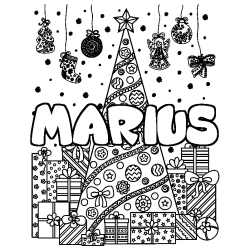 Coloriage pr&eacute;nom MARIUS - d&eacute;cor Sapin et Cadeaux