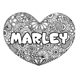 Coloriage pr&eacute;nom MARLEY - d&eacute;cor Mandala coeur