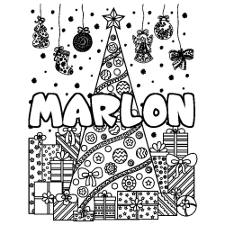 Coloriage pr&eacute;nom MARLON - d&eacute;cor Sapin et Cadeaux