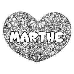 Coloriage prénom MARTHE - décor Mandala coeur