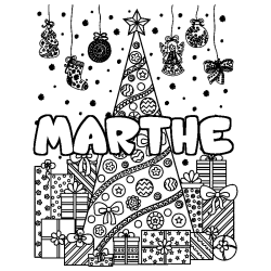 Coloriage pr&eacute;nom MARTHE - d&eacute;cor Sapin et Cadeaux