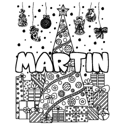 Coloriage MARTIN - d&eacute;cor Sapin et Cadeaux